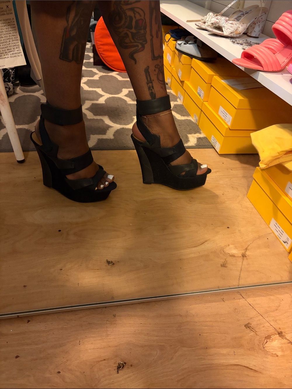 L.A.M.B. Black Leather Ankle-Strap Platform Wedges